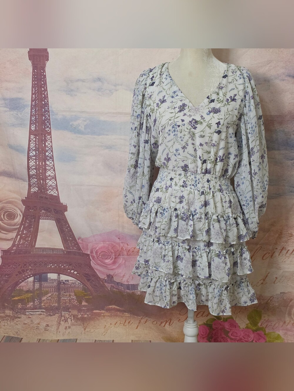 Express Lavender Floral Tiered Ruffle Dress Sz M